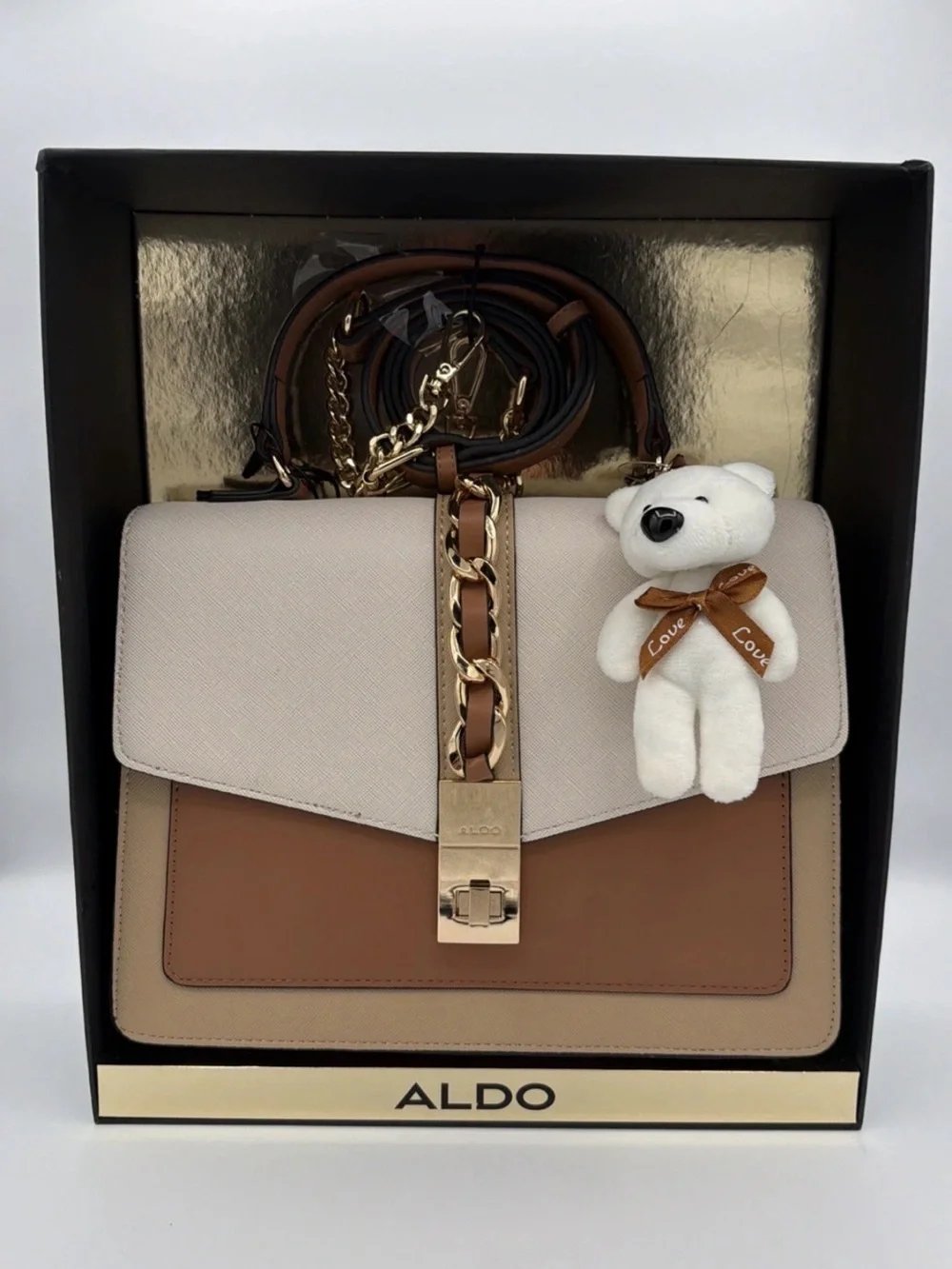 ALDO Beige, Tan & Brown Satchel with Gold Chain Accent and Plush Charm